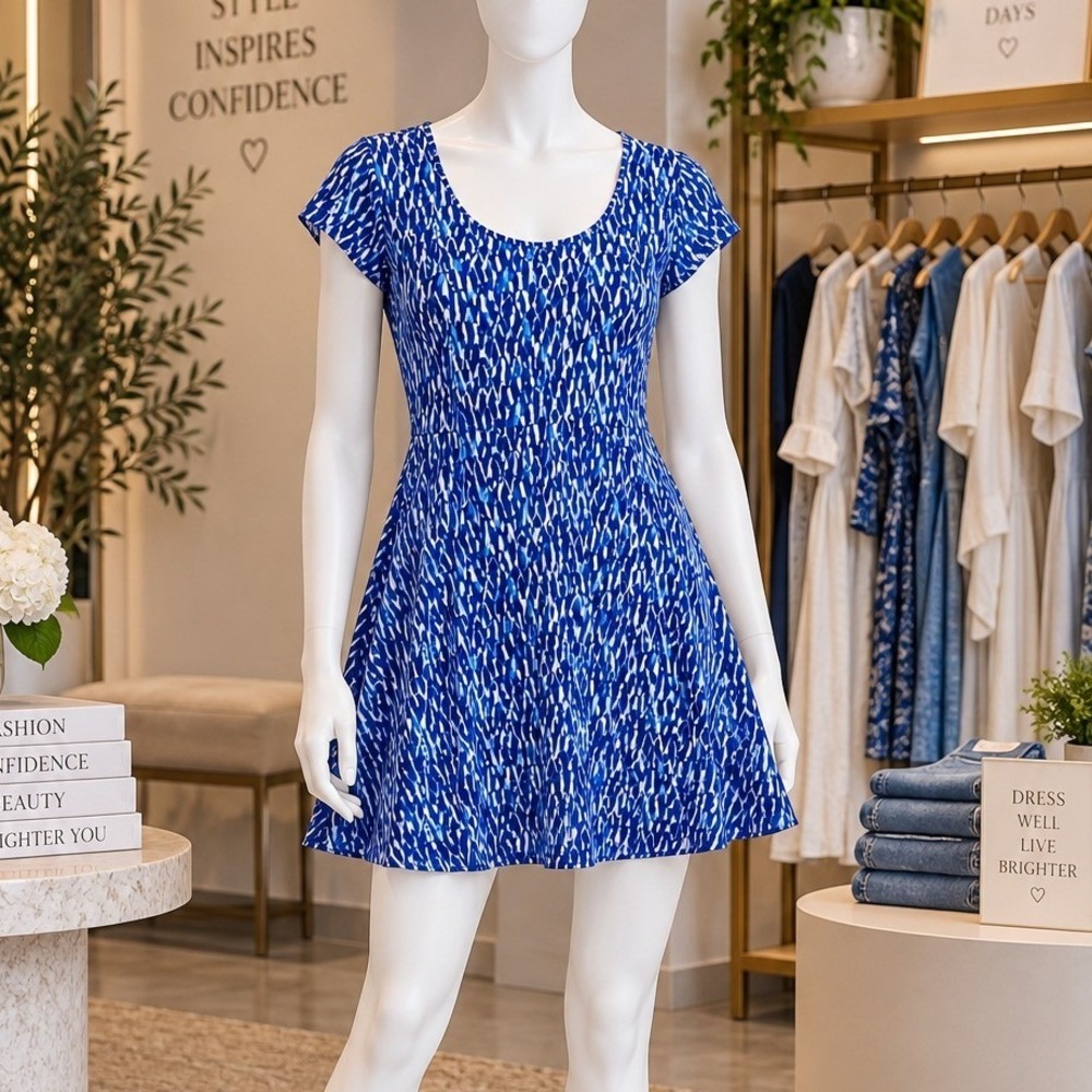 Michael Kors Womens Fit and Flare Dress Blue White Abstract Ikat Print Size S